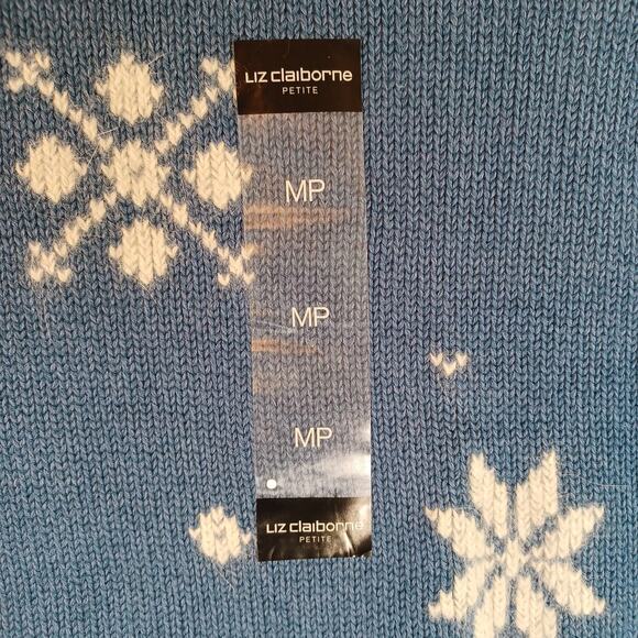 Liz Claiborne Crewneck Snowflake Sweater MP Medium Petite Blue White Cotton NEW - Picture 3 of 6